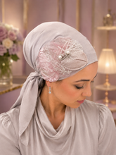 Load image into Gallery viewer, Pearl Mist fancy satin triangle tichel with champagne tulle appliqué scattered with pearls - four angles including close-up detail

