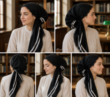 Load image into Gallery viewer, Black &amp; White Border Stripe Cotton Pre-Tied Tichel — Hidden Velvet Grip
