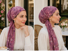 Load image into Gallery viewer, Cherry Blossom Floral Cotton Pre-Tied Tichel — 2 Colors | Hidden Velvet Grip
