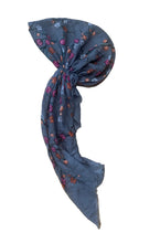 Load image into Gallery viewer, Slate blue cherry blossom floral cotton pre-tied tichel with pink and orange flowers
