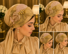 Load image into Gallery viewer, Golden Dusk - Fancy Triangle Tichel
