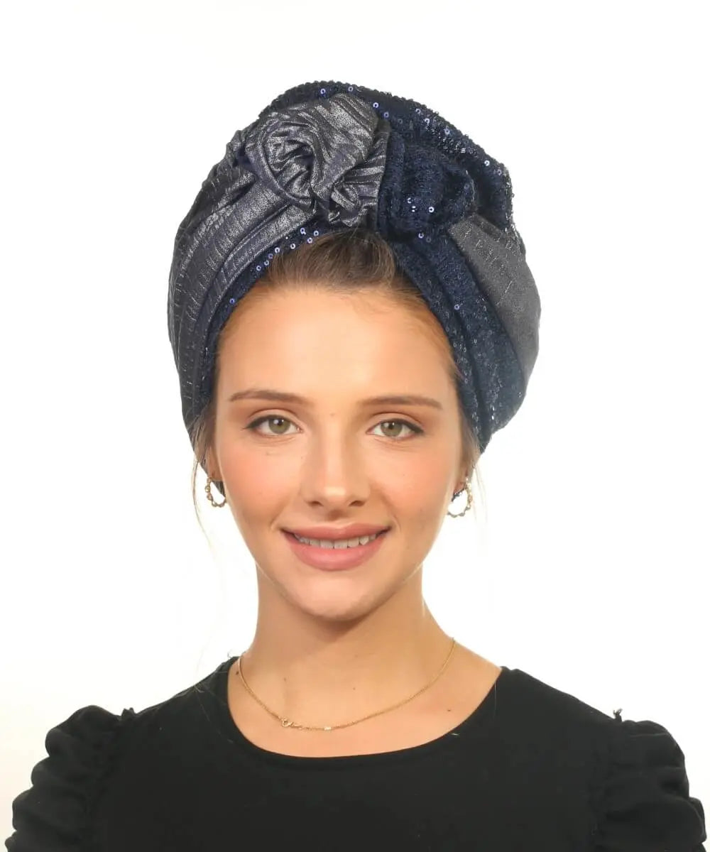 Glamorous Three-Tone Pleated Sequin Head Wrap - Navy/Silver - Trending Now