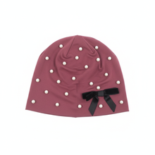 Load image into Gallery viewer, Mauve beanie with pearls and bow
