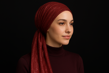 Load image into Gallery viewer, Modest Model - Burgundy Shimmery Pre-Tied Tichel
