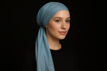 Load image into Gallery viewer, Modest Model - Light Blue/Sky Blue Shimmery Pre-Tied Tichel
