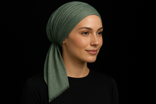 Load image into Gallery viewer, Modest Model - Sage Green Shimmery Pre-Tied Tichel

