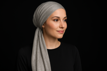 Load image into Gallery viewer, Modest Model - Silver/Platinum Shimmery Pre-Tied Tichel

