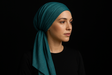 Load image into Gallery viewer, Modest Model - Teal/Turquoise Shimmery Pre-Tied Tichel
