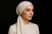 Load image into Gallery viewer, Modest Model - White/Cream Shimmery Pre-Tied Tichel
