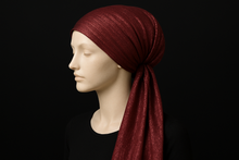 Load image into Gallery viewer, Red/Burgundy Shimmery Pre-Tied on Mannequin - Black Background
