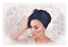 Load image into Gallery viewer, Yodfat Navy Turban with Dotted Flower Appliqué
