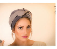 Load image into Gallery viewer, Yodfat Cotton Contrasting Gray Slip-on Turban with Big Bow
