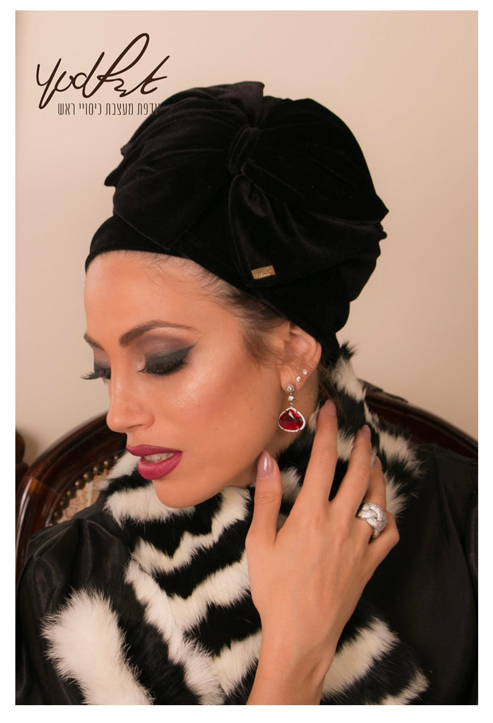 Yodfat Classic Black Velvet Turban with Big Bow